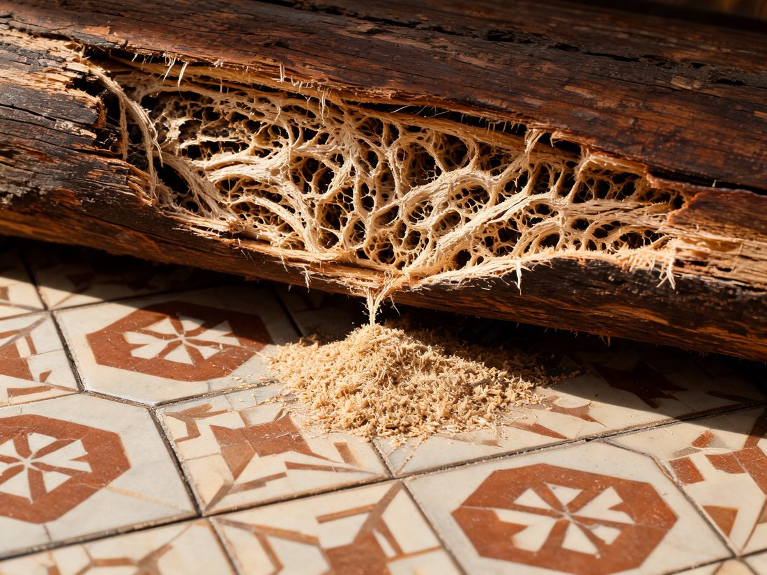 Galerías de comején en el interior de una viga de madera
